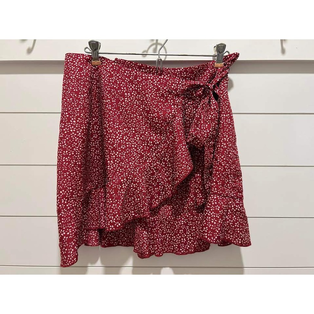 Naggoo Red Floral Print Wrap Ruffle Mini Skirt Side Tie Small